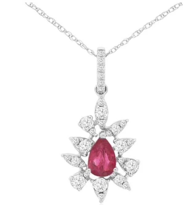 Ladies layered pendant necklace-14k white gold pear shaped ruby and diamond bezel necklace