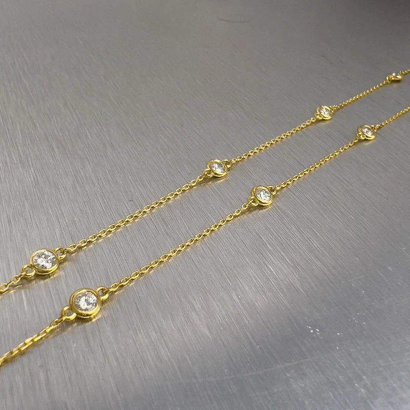 Ladies handmade necklace-14k Yellow Gold 10 Station Diamonds by the Yard Necklace 0.40ctw 18" 2.3g