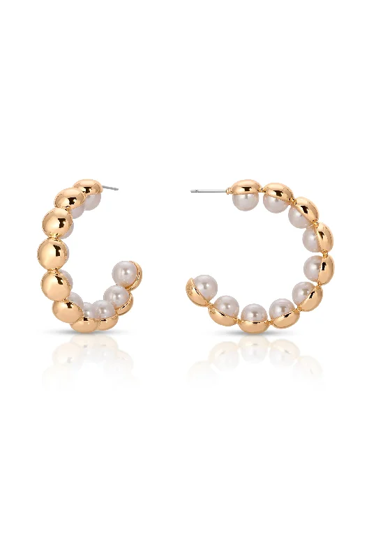 Ladies fashion statement earrings-Pearl Inlay and Gold Hoop Earrings