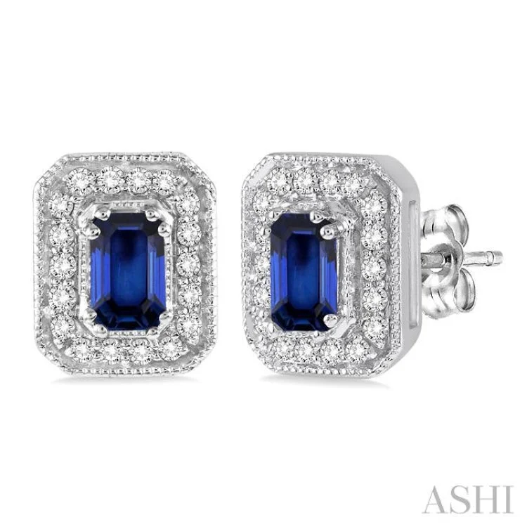 Ladies long dangle earrings-5x3 mm Octagon Cut Sapphire and 1/4 Ctw Round Cut Diamond Earrings in 14K White Gold