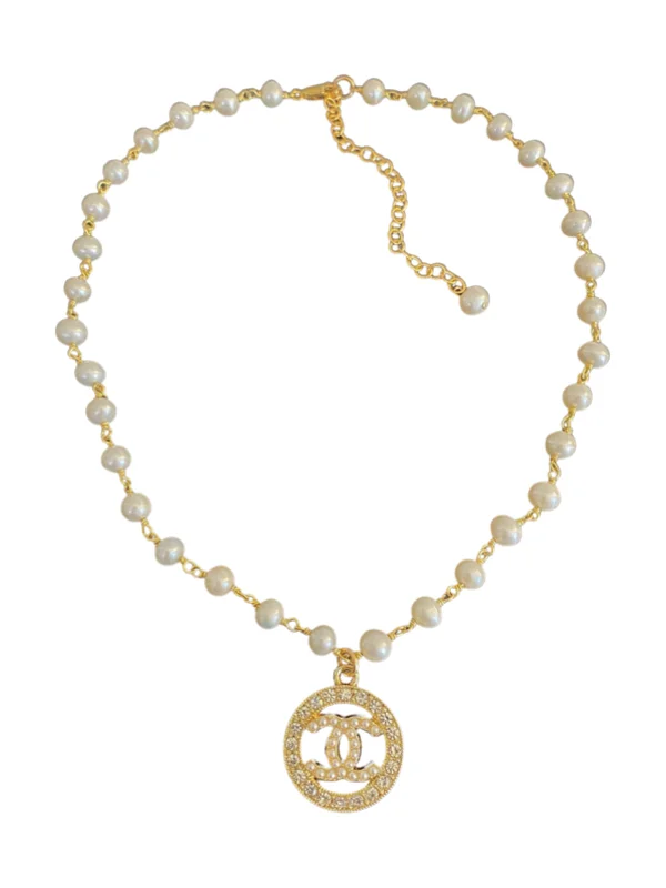 Ladies layered gold necklace-CC Pearl & CZ Charm Necklace