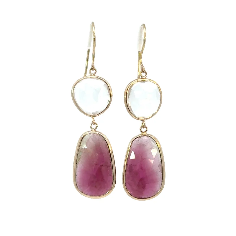 Ladies boho earrings-White Topaz and Pink Tourmaline Elizabeth Stone Earrings