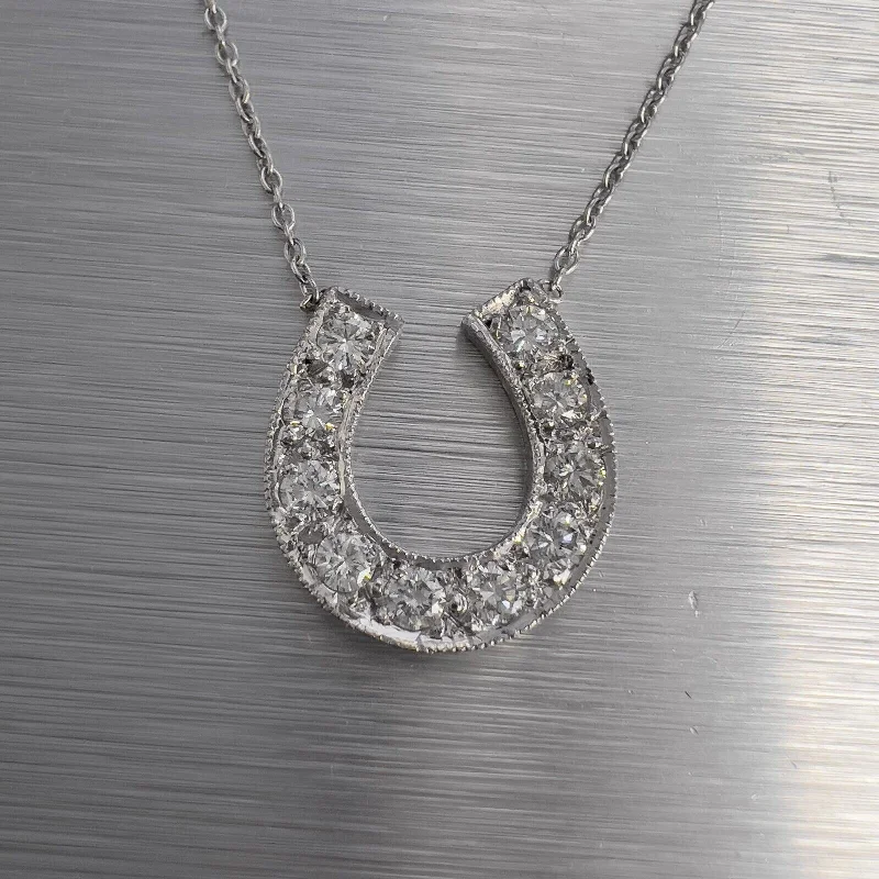 Ladies statement jewelry necklace-14k White Gold Diamond 10 Stone Horseshoe Pendant Necklace 15.5" 0.70ctw