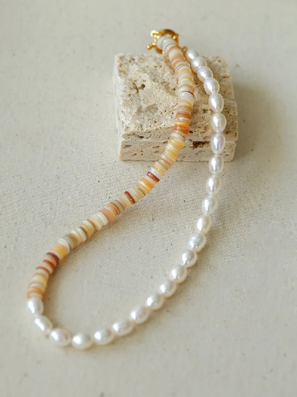 Ladies fancy necklace-Earth Tone Shell Pearl Beaded Necklace