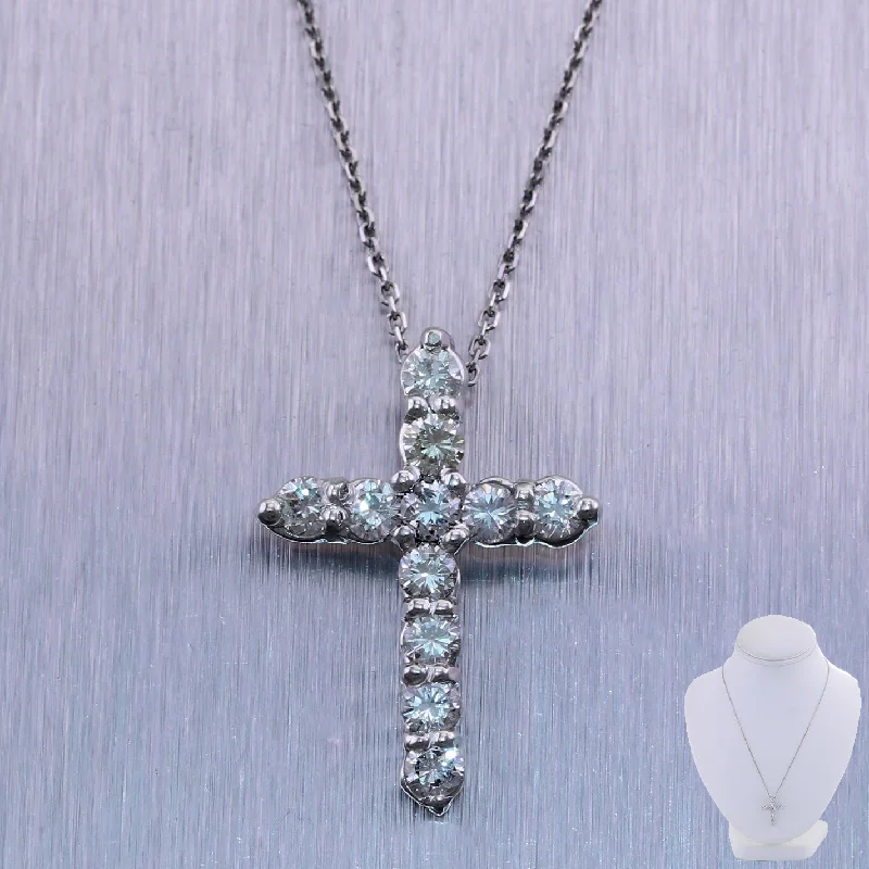 Ladies gold chain necklace-Modern 14k White Gold 1.20ctw Diamond Cross 20" Necklace