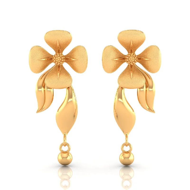 Ladies chic earrings-22KT (916) Yellow Gold Dangle Drop Earrings With Flower Motif And Playful Ball Drop