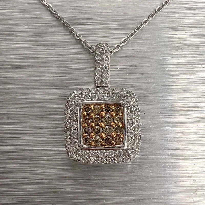 Ladies heart-shaped pendant necklace-14k White Gold White, Chocolate & Champagne Square Pave Diamond Necklace 18"