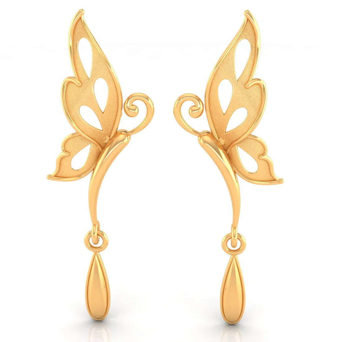 Ladies bridal earrings-22KT (916) Yellow Gold Butterfly Dangle Drop Earrings With Drop Charm