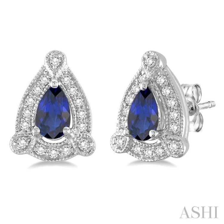 Ladies wedding earrings-5x3 mm Pear Shape Sapphire and 1/6 Ctw Round Cut Diamond Earrings in 14K White Gold