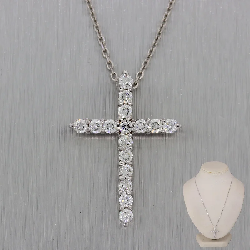 Ladies trendy gold necklace-Modern 14k White Gold 1ctw Diamond Cross 18" Necklace