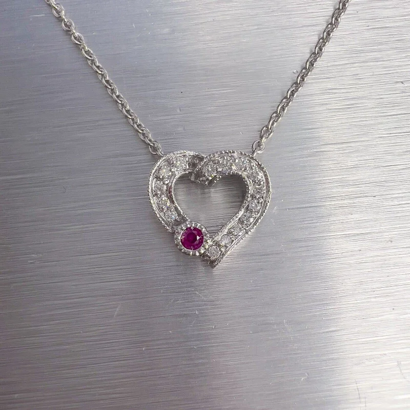 Ladies gold necklace-14k White Gold Diamond 0.10ct Ruby Heart Pendant Necklace 0.15ctw G VS2 4.2g 17"