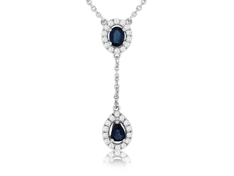 Ladies gold charm necklace-Oval & Pear Sapphire Drop Necklace