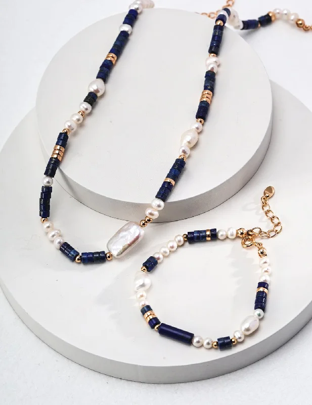 Ladies fashion necklace-Sterling Silver Lapis Lazuli Pearl Necklaces