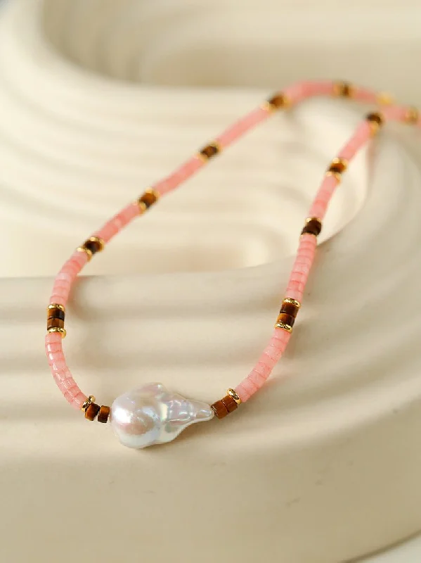 Ladies diamond necklace-Pink Quartz Baroque Pearl Bead Necklace