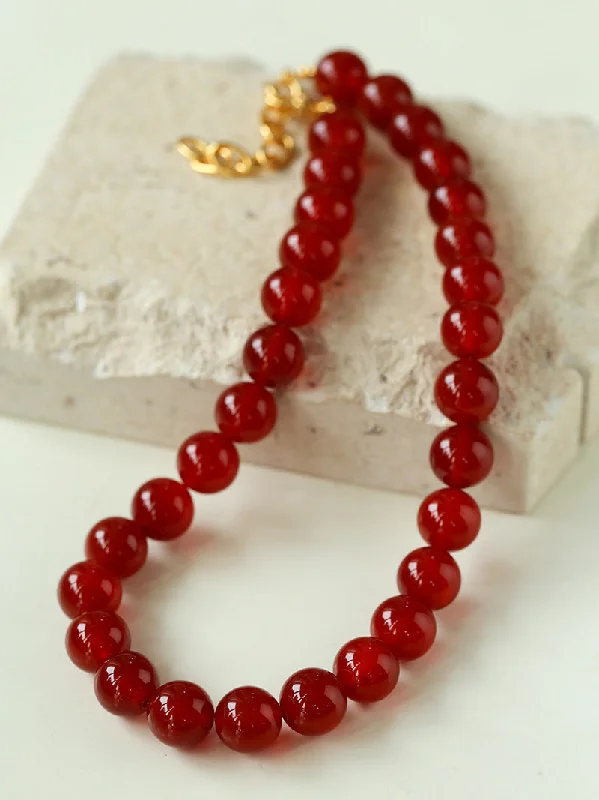 Ladies gold charm necklace-Vintage Red  Agate 12mm Round Beaded Necklace