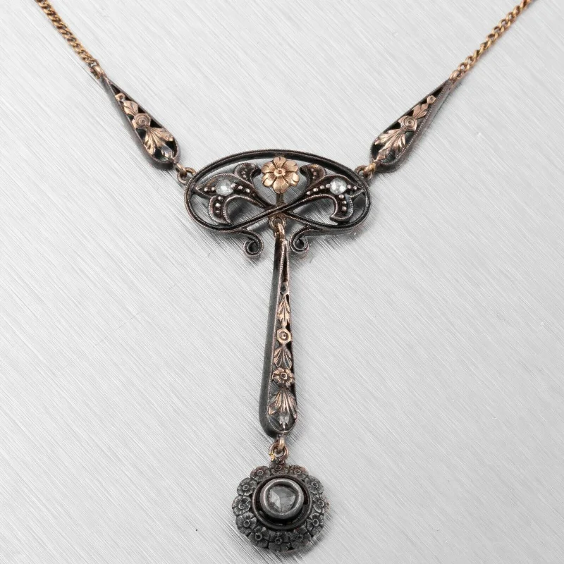 Ladies handmade necklace-Antique Victorian 18k Yellow Gold & Silver Rose Cut Diamond Necklace 0.15ctw