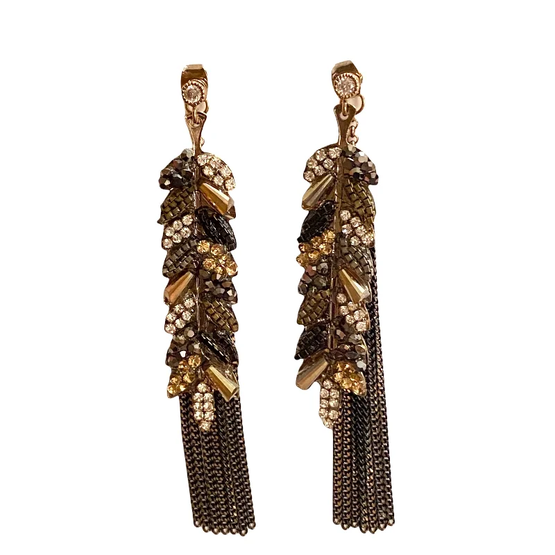 Ladies clip-on earrings-Sparkle Leaves Tassel Statement Earrings