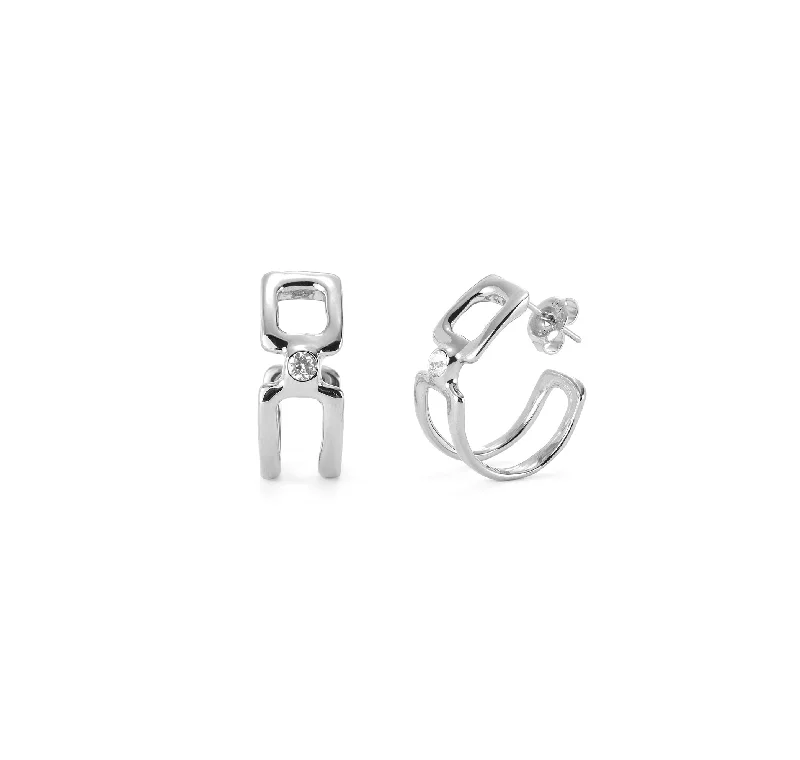 Ladies personalized earrings-UNOde50  Sterling Silver Plated Double Hoop Earrings With White Cubic Zirconia