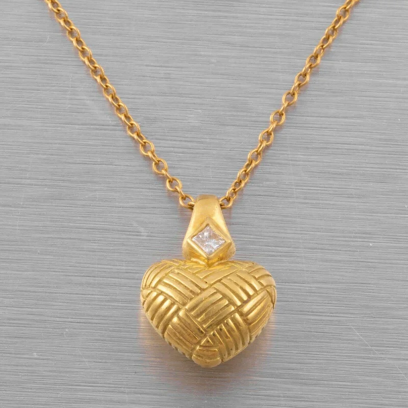 Ladies chain necklace-18k Yellow Gold Princess Diamond Crosshatch Heart Necklace 0.07ct 16" VINTAGE