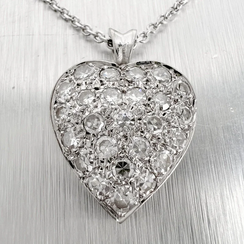 Ladies sterling silver necklace-14k White Gold Single Cut Diamond Pave Heart Pendant Necklace 0.45ctw 16"