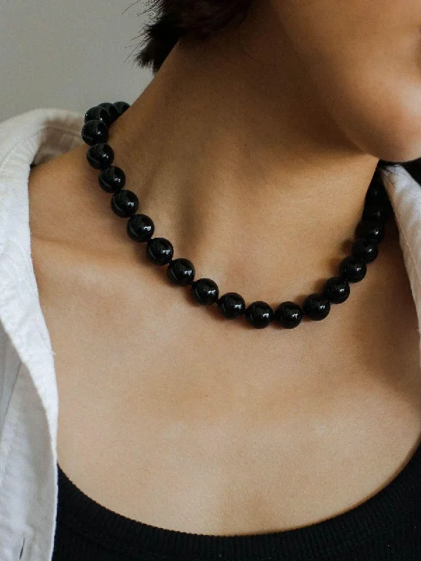 Ladies platinum necklace-Knotted 12mm Black Agate Beaded Necklace