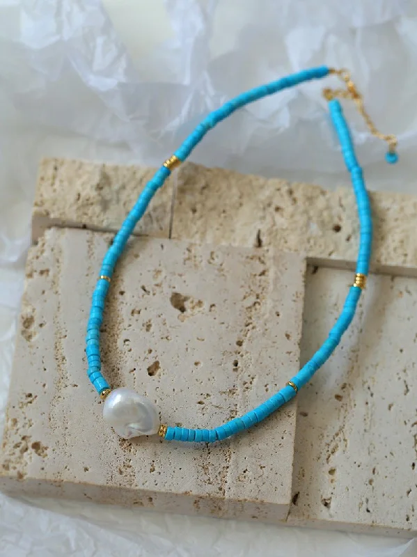 Ladies simple silver necklace-Blue Colored Stone Baroque Pearl Necklace