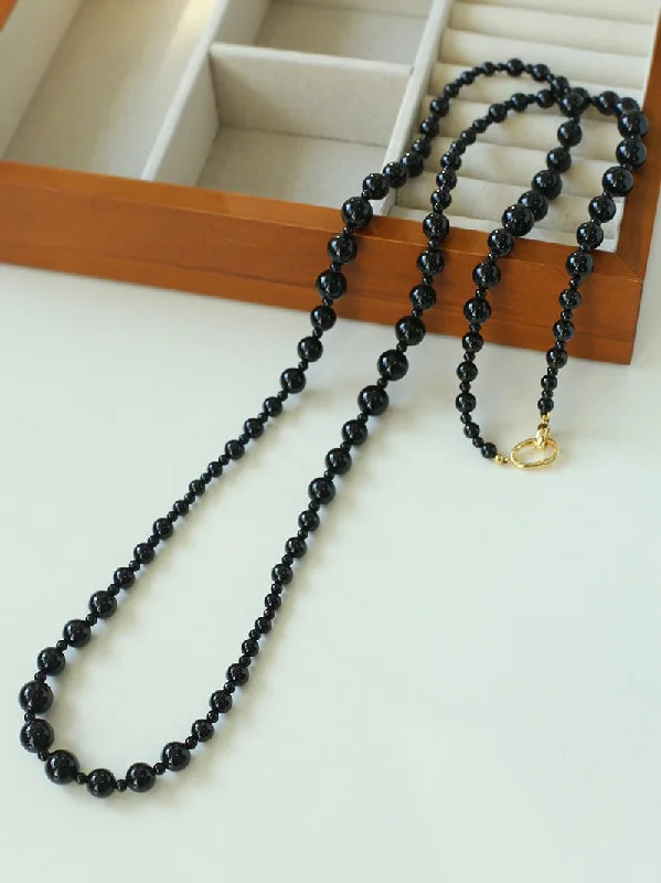 Ladies adjustable chain necklace-Black Agate Long Necklaces