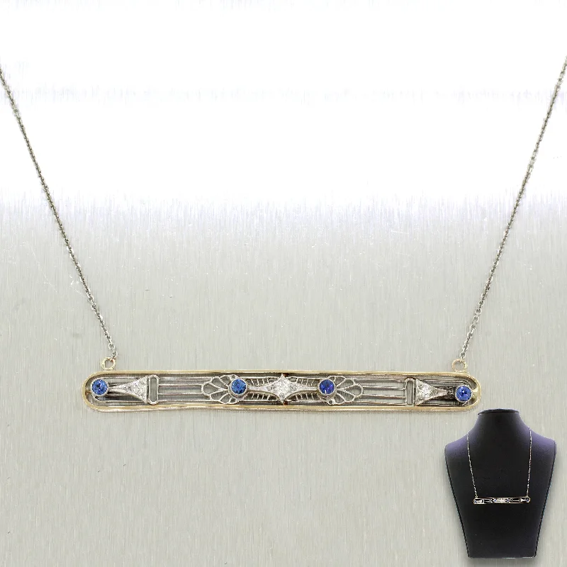 Ladies fashion necklace-Vintage Estate 14k Gold 0.10ctw Diamond & Tanzanite Bar Necklace