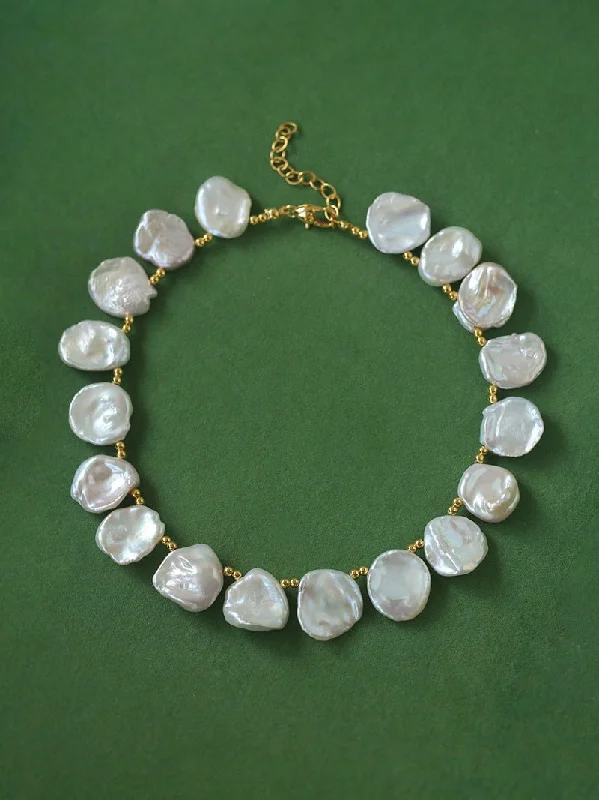 Ladies tennis necklace-Natural Large Petal Baroque Pearl Necklace with Gold Bean