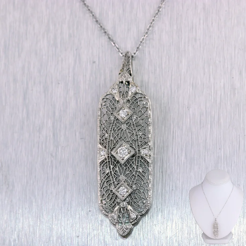 Ladies fashion statement necklace-1920's Antique Art Deco 14k White Gold 0.52ctw Diamond Filigree 22" Necklace