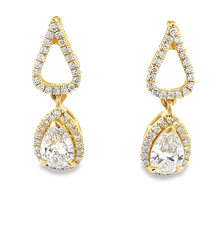 Ladies chain earrings-LAB GROWN PEAR AND ROUND DIAMONDS 2.02ctw HALO DANGLE EARRINGS