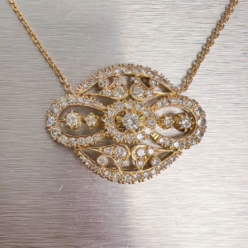 Ladies gold diamond necklace-Antique 14k Yellow Gold Diamond Large Pendant Necklace 20" 3.98ctw G VS2 17.9g