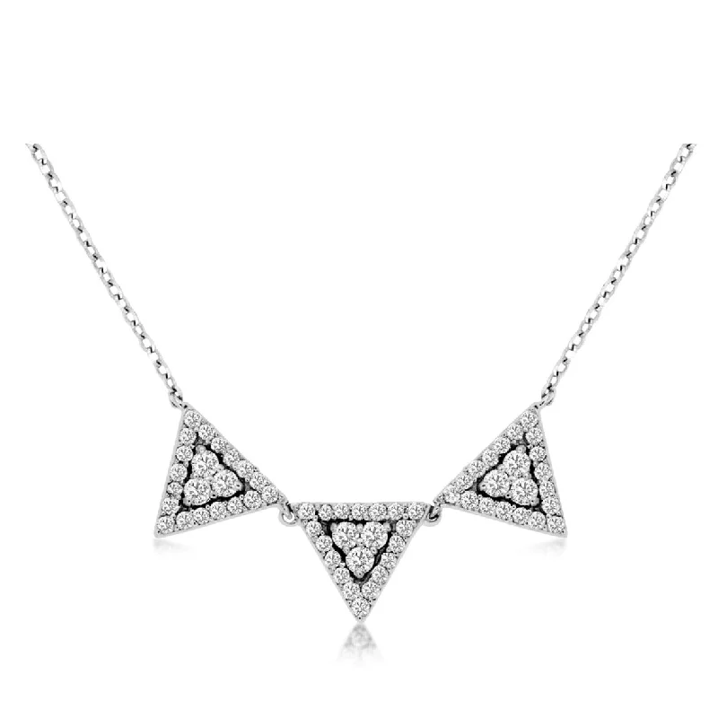 Ladies statement necklace-14k white gold 3 diamond triangles 18" necklace