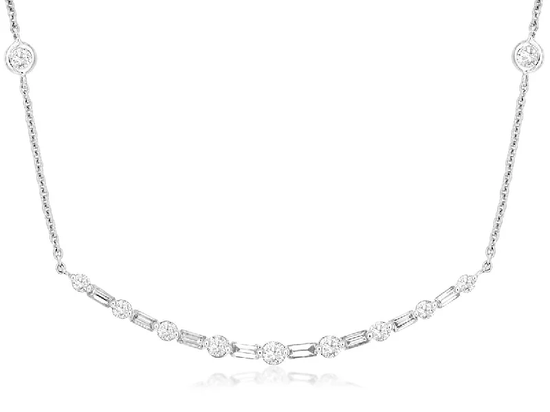 Ladies sterling silver chain necklace-Baguette & Round Diamond Bar Necklace