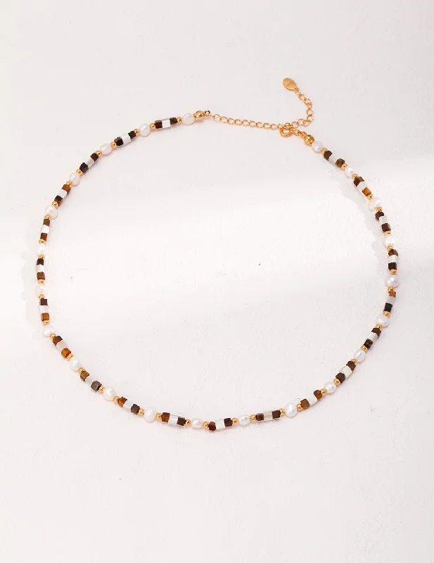 Ladies pearl and diamond necklace-Vintage Gold Tiger Eye Stone Spliced Pearl Necklaces