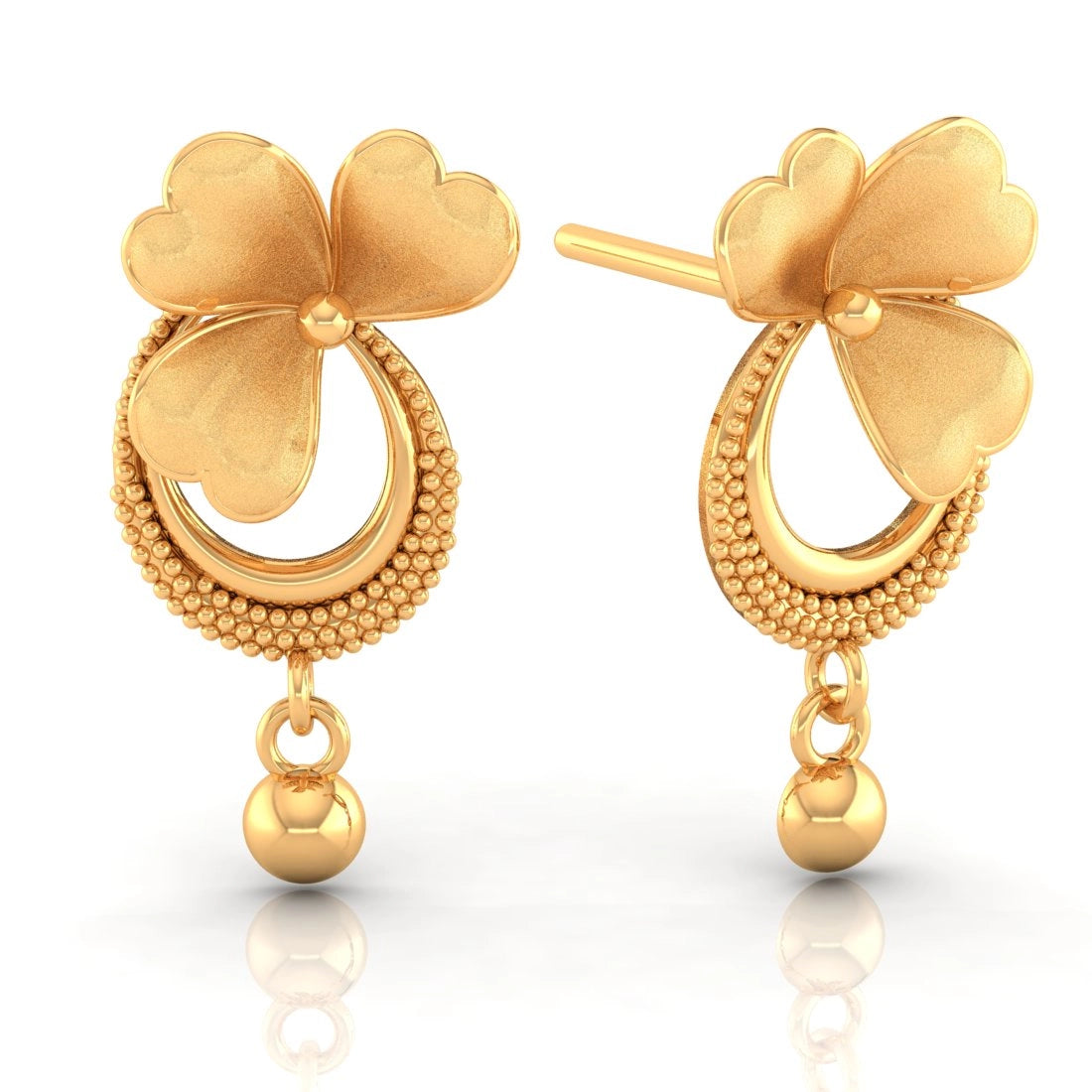 Ladies fashion jewelry earrings-22KT (916) Yellow Gold Drop Earrings With Crescent Design, Flower Accents, And Ball Drop