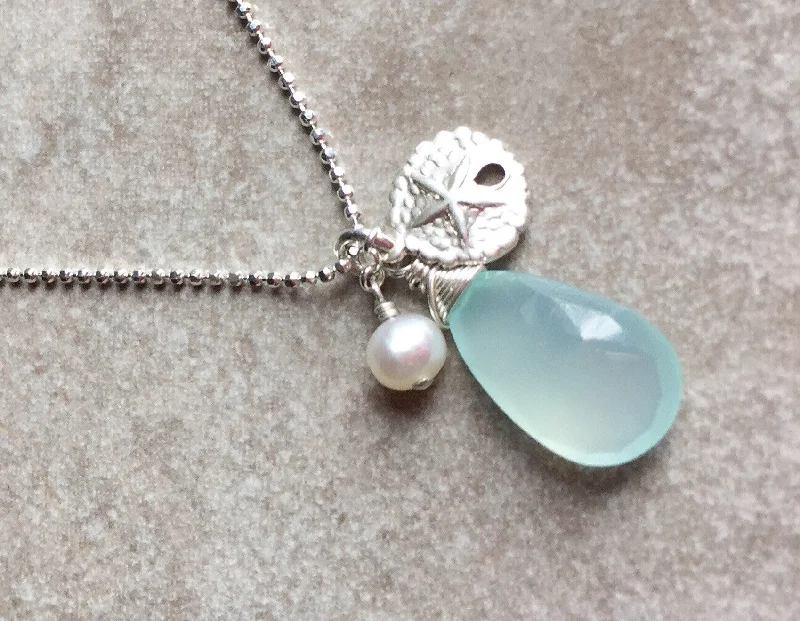 Ladies gold charm necklace-Aqua chalcedony sand dollar pendant necklace