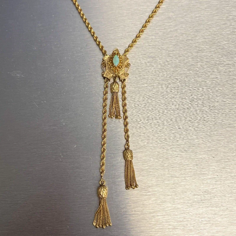 Ladies small pendant necklace-Antique Victorian 14k Gold Marquise Opal Dangling Tassel Slider Necklace 24" 36g