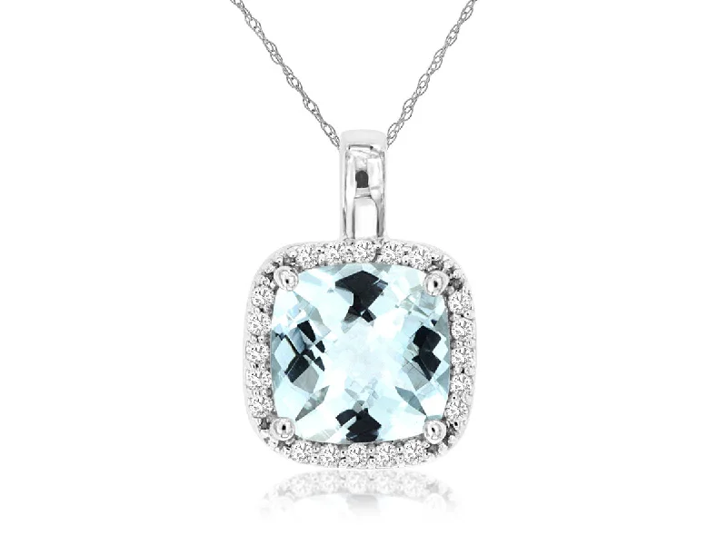 Ladies halo necklace-Cushion Cut Aquamarine Diamond Halo Necklace