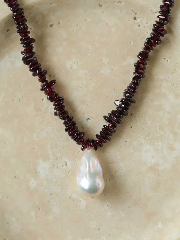 Ladies adjustable chain necklace-Golden Radiance Baroque Pearl and Garnet Necklace