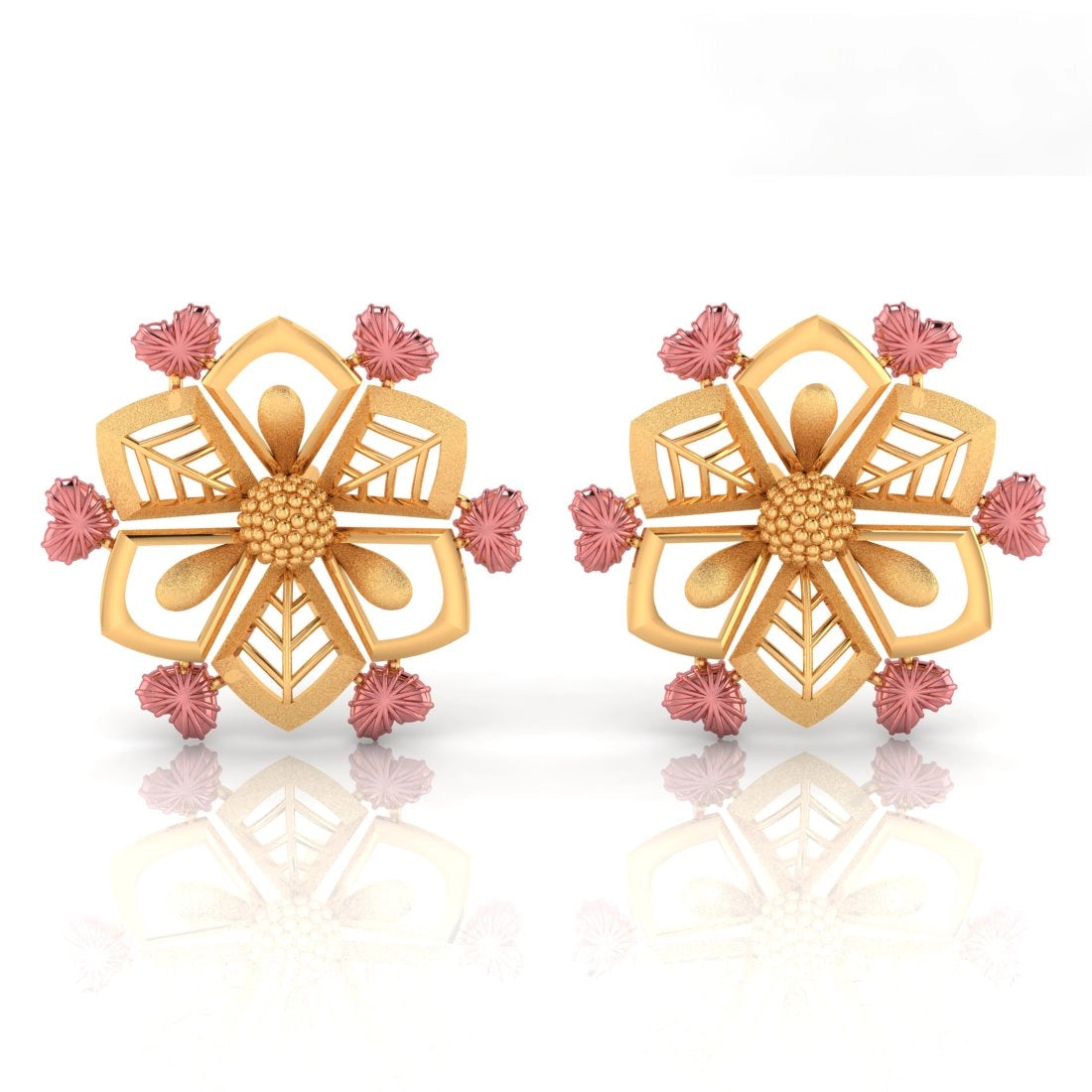 Ladies emerald earrings-22KT (916) Yellow Gold Stud Earrings With Floral Design And Cut-out Pattern