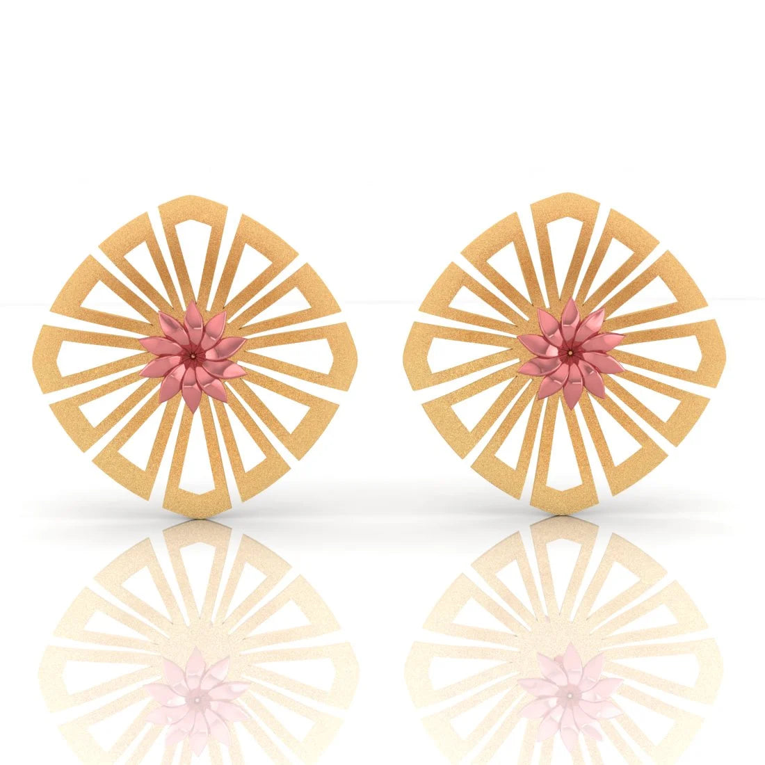 Ladies ear cuffs earrings-22KT (916) Yellow Gold Flower Stud Earrings With Cut-out Pattern