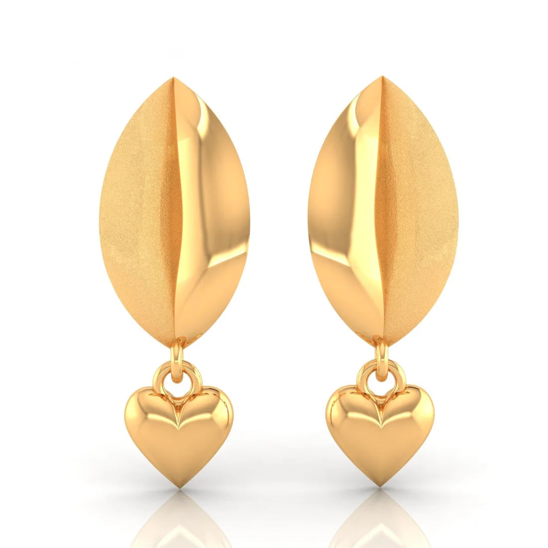 Ladies diamond stud earrings-22KT (916) Yellow Gold Leaf Drop Earrings With Dangling Heart Charm