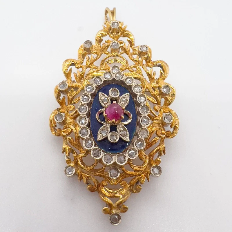 Ladies gemstone pendant necklace-Toliro 18k White & Yellow Gold Ruby Rose Cut Diamond Lapis Lazuli Pin / Pendant