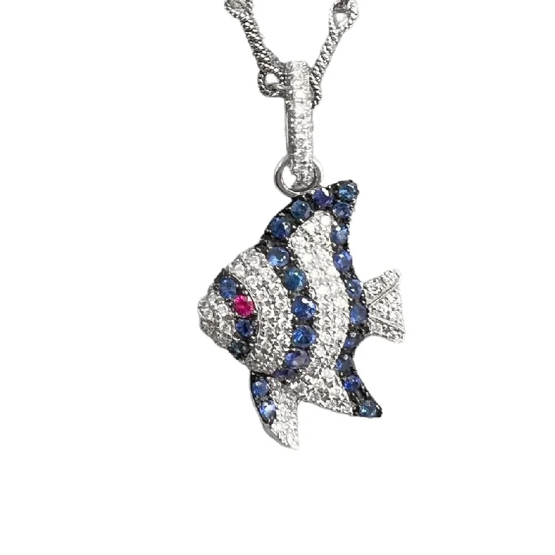 Ladies multi-layered necklace-Pippo Perez 18k White Gold Diamond Sapphire Ruby Angel Fish Pendant 16" RARE