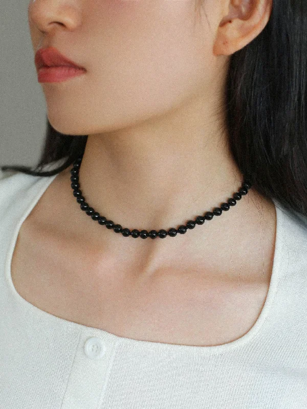 Ladies heart-shaped diamond necklace-925 Silver Clasp 6mm Black Agate Beaded Choker Necklace