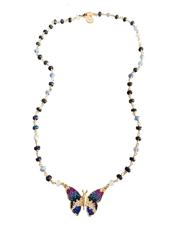 Ladies mixed metal necklace-Sapphire Butterfly Necklace