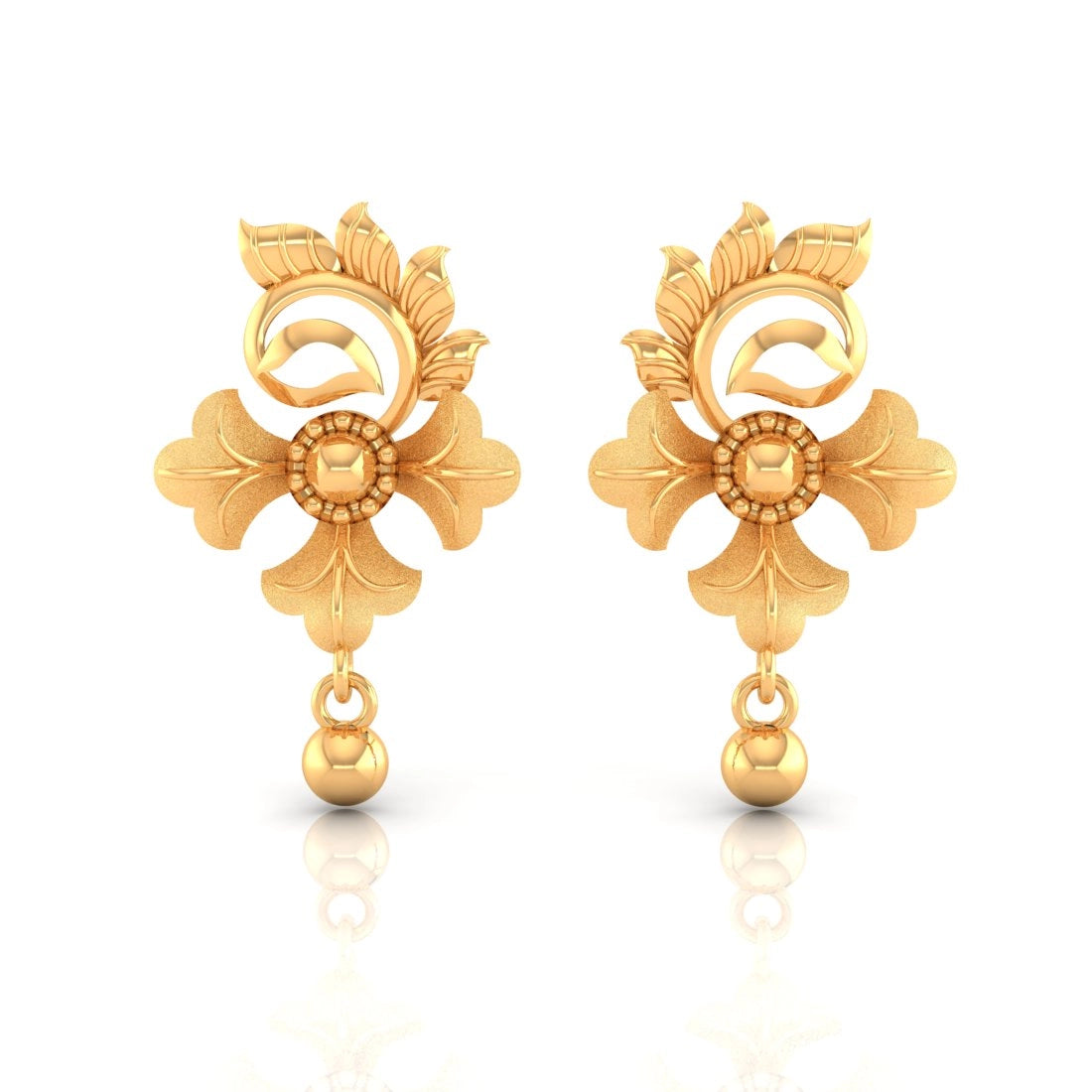 Ladies opal earrings-22KT (916) Yellow Gold Floral Drop Earrings With Ornate Design And Ball Accent