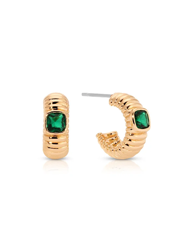 Ladies long earrings-Ribbed Emerald Small Hoops