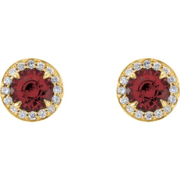 Ladies custom earrings-14K Yellow 4 mm Natural Mozambique Garnet & 1/10 CTW Natural Diamond Earrings